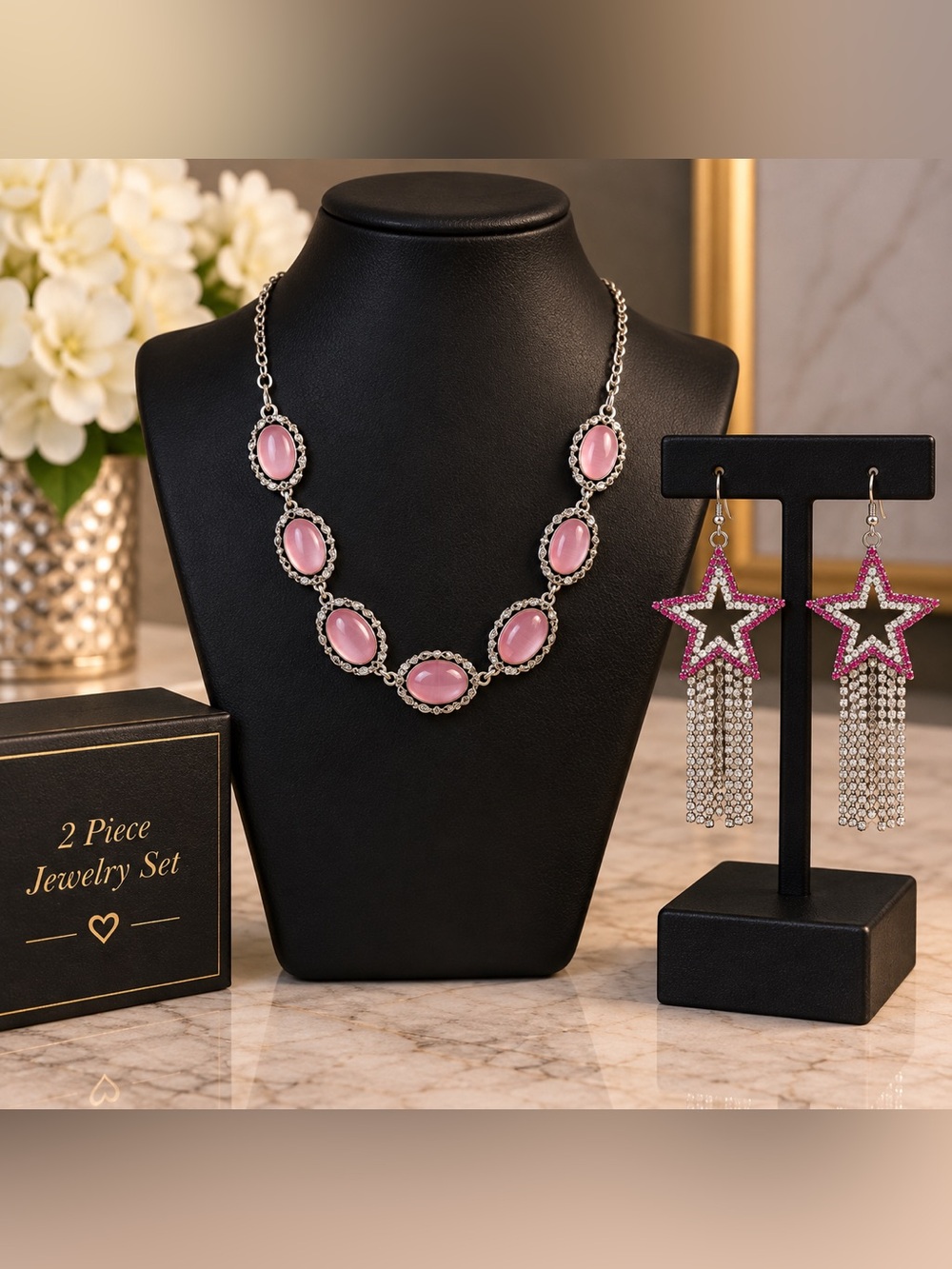 2pc Pink Oval Stone Necklace and Star Tassel Earrings jewelry Set NEW